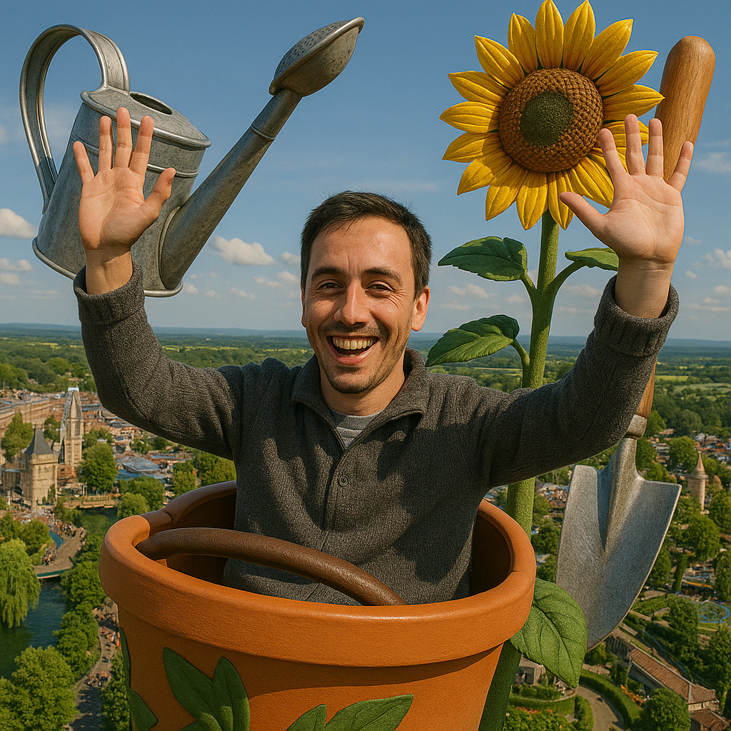 Homme dans pot de fleur